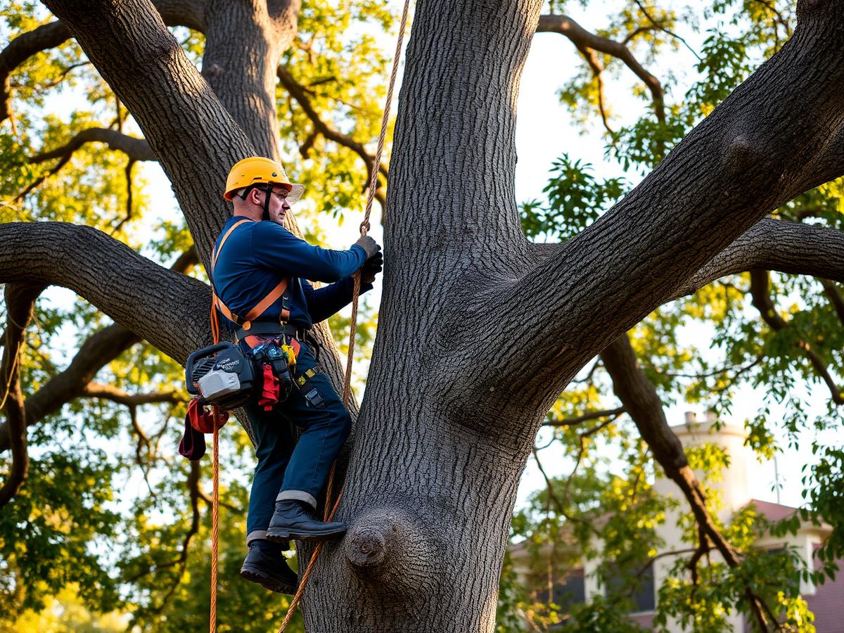 Certified arborist climbing a live oak in Austin