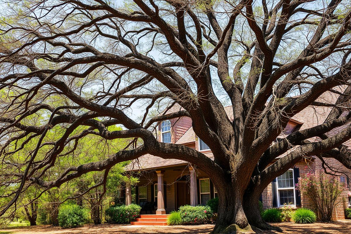 Overgrown Austin live oak before pruning